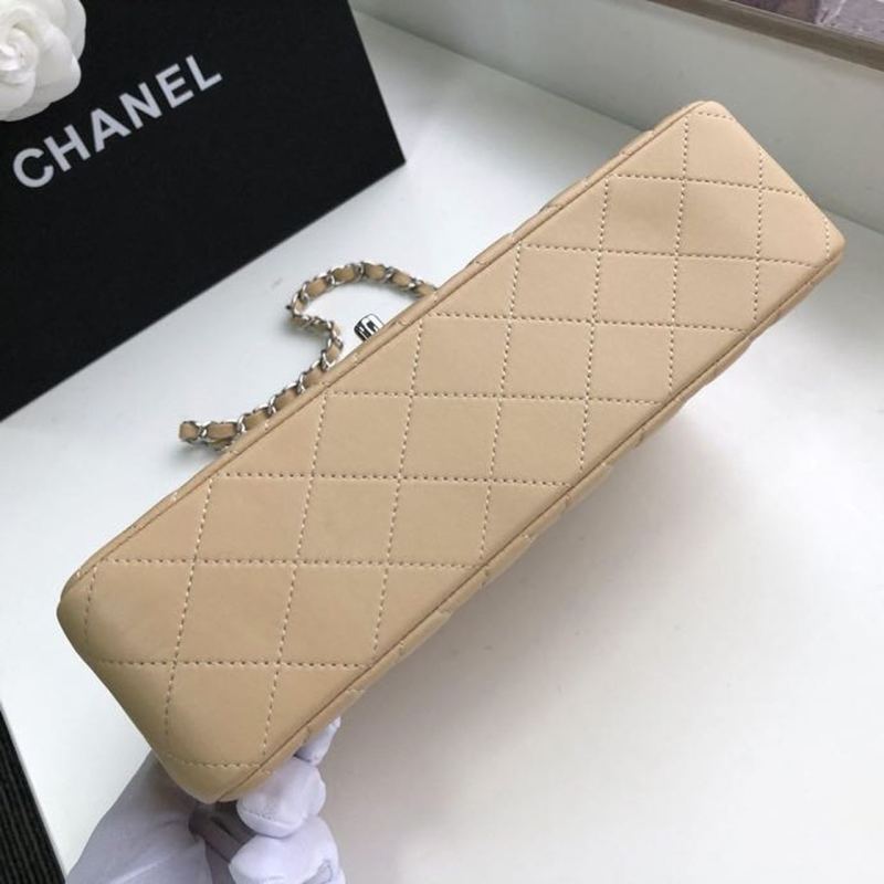 Chanel Classic Handbag Silver Hardware Beige For Women, Women’s Bags, Shoulder And Crossbody Bags 10.2in/26cm A01112