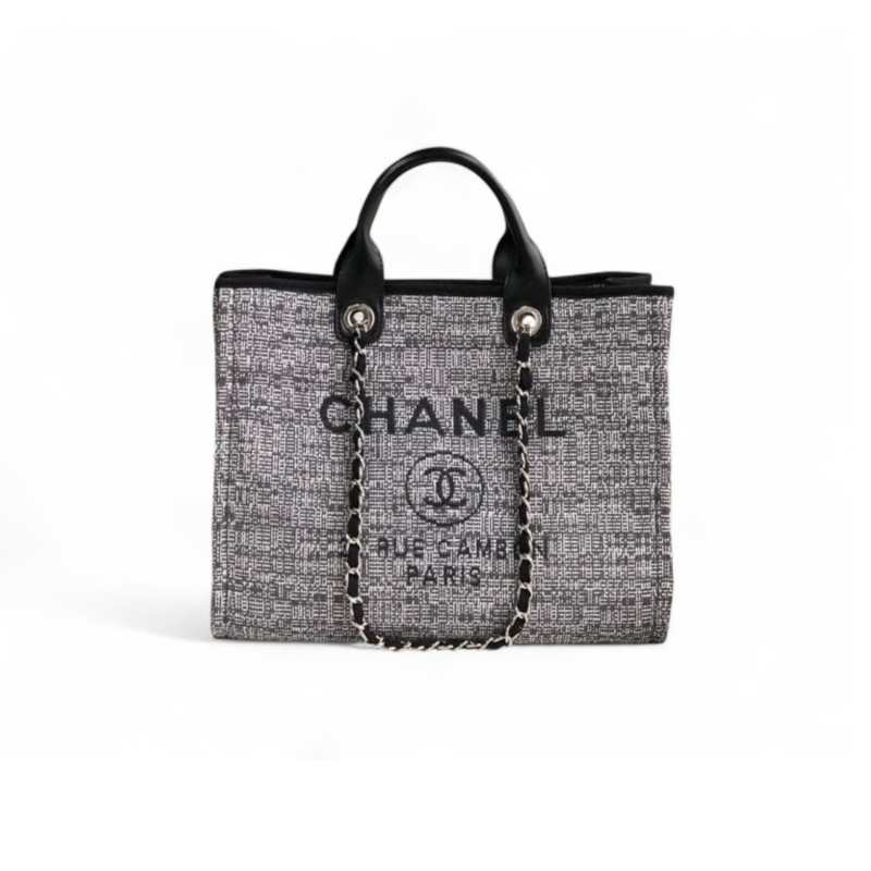 Chanel Deauville Tote Raffia Canvas Bag Black/White For Women 14.9in/38cm