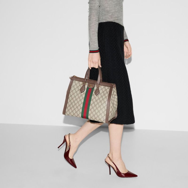 Gucci Ophidia GG Medium Tote Bag Beige/Ebony GG Supreme Canvas With Brown For Women 13in/33cm GG 524537 K05NB 8745