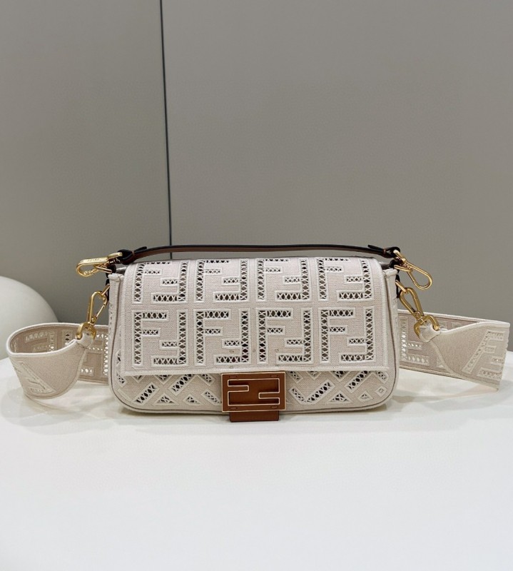Fendi Baguette White with Embroidery Medium Bag For Woman 28cm/11in