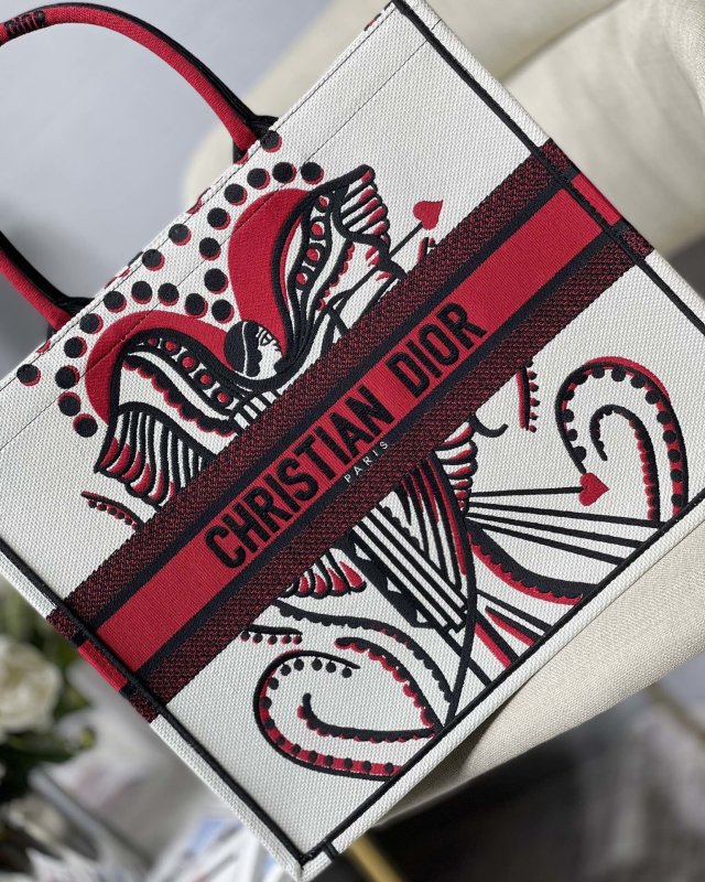 Christian Dior Large Dior Book Tote Latte Multicolor Cupidon Embroidery, Red/White, For Women Women’s Handbags, 41cm CD M1296ZTQG_M941