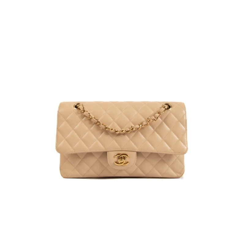Chanel Classic Handbag Silver Hardware Beige For Women, Women’s Bags, Shoulder And Crossbody Bags 10.2in/26cm A01112