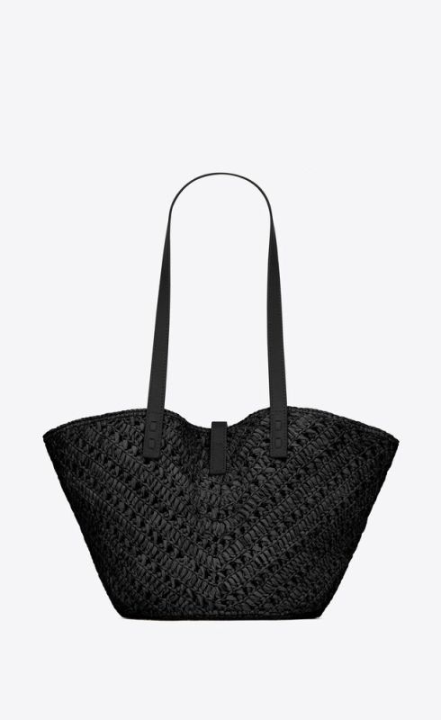 Saint Laurent Panier Small In Raffia And Vegetable-Tanned Black For Women 15 Inches/ 38 Cm 751240GAADP1000