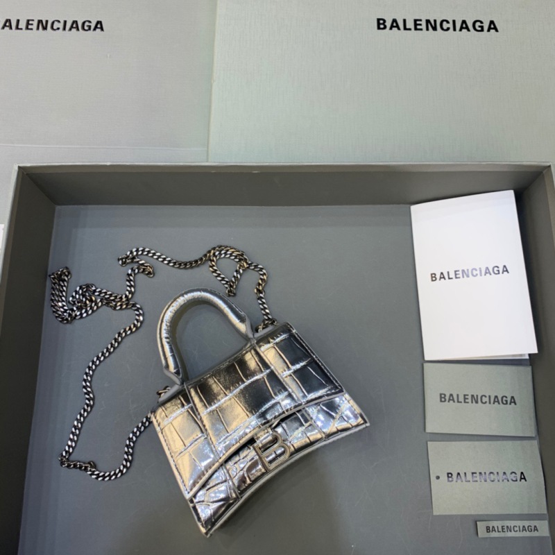 Balenciaga Hourglass Mini Handbag With Chain In Sliver, For Women, Women’s Bags 4.7in/12cm