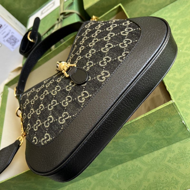 Gucci Jackie 1961 Small Shoulder Bag Black And Ivory GG Denim Jacquard For Women 11in/28cm 678843 UN3AG 1294