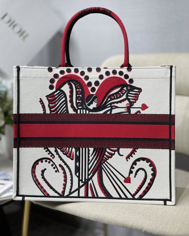 Christian Dior Large Dior Book Tote Latte Multicolor Cupidon Embroidery, Red/White, For Women Women’s Handbags, 41cm CD M1296ZTQG_M941