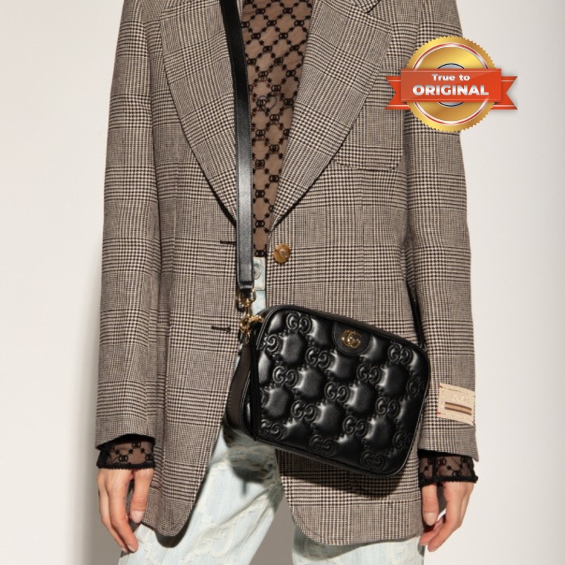 [True-to-ORIGINAL] Gucci Matelasse Shoulder Bag Black For Women 8.5in/22cm GG 702234 UM8HG 1046