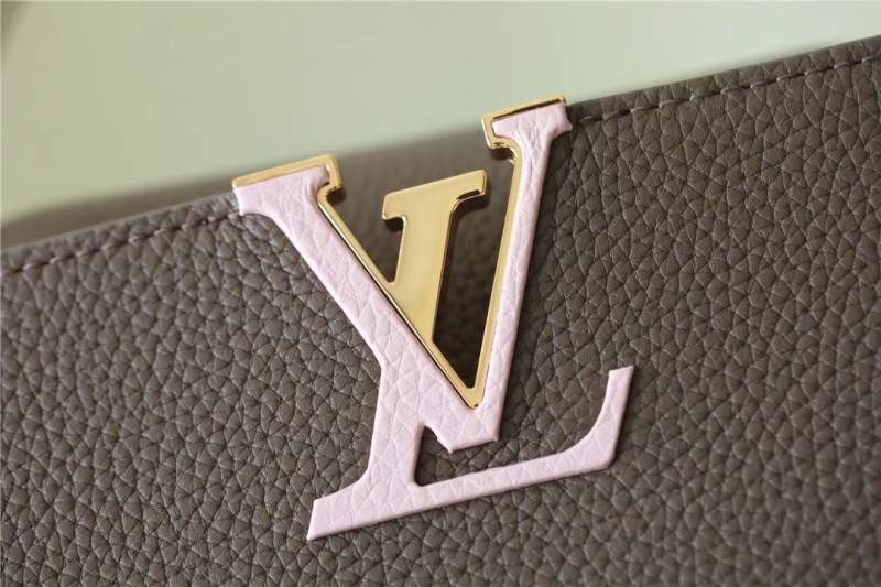 Louis Vuitton Capucines Mini Taurillon Smokey Brown Green/ Creme/ Pink For Women, Women’s Handbags, Shoulder And Crossbody Bags 21cm/8.3in LV