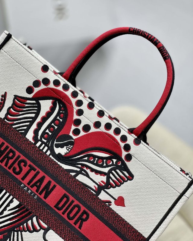 Christian Dior Large Dior Book Tote Latte Multicolor Cupidon Embroidery, Red/White, For Women Women’s Handbags, 41cm CD M1296ZTQG_M941