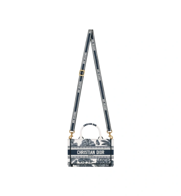 Mini Dior Book Tote White and Blue Toile de Jouy Palms Embroidery