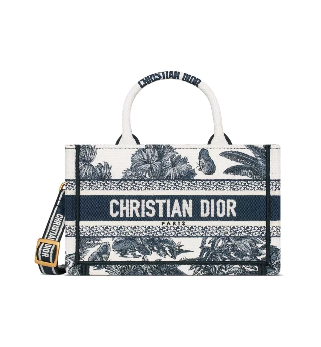 Mini Dior Book Tote White and Blue Toile de Jouy Palms Embroidery