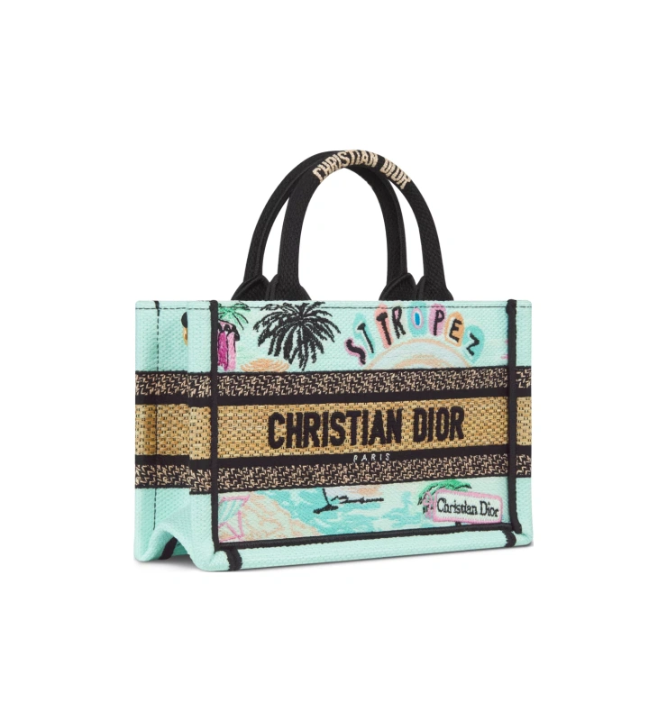 Dior Souvenir Mini Dior Book Tote Natural Raffia and Multicolor Embroidered Cotton