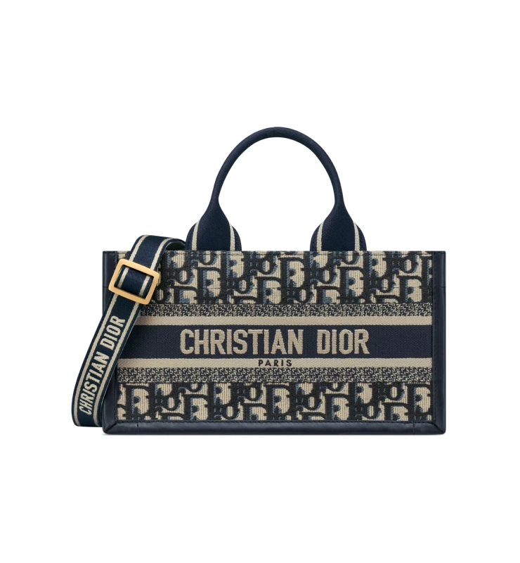 East-West Dior Book Tote with Strap Blue Dior Oblique Embroidery and Calfskin