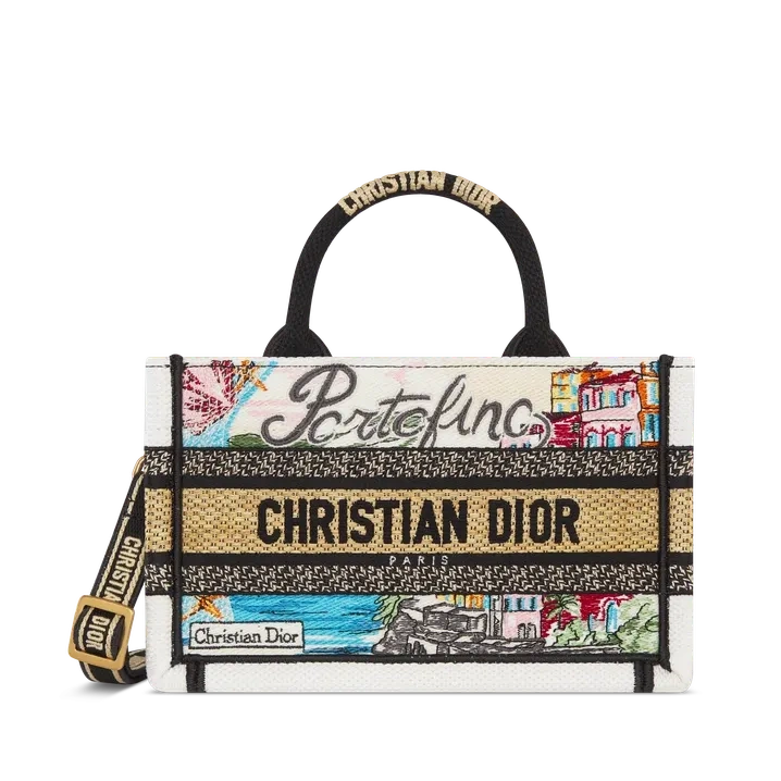 Dior Souvenir Mini Dior Book Tote Natural Raffia and Multicolor Embroidered Cotton