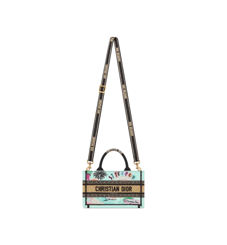 Dior Souvenir Mini Dior Book Tote Natural Raffia and Multicolor Embroidered Cotton