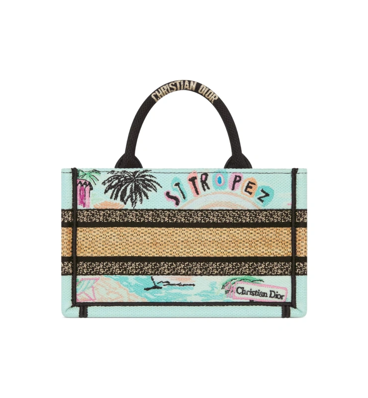 Dior Souvenir Mini Dior Book Tote Natural Raffia and Multicolor Embroidered Cotton
