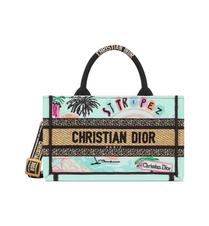 Dior Souvenir Mini Dior Book Tote Natural Raffia and Multicolor Embroidered Cotton