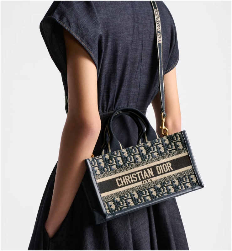 East-West Dior Book Tote with Strap Blue Dior Oblique Embroidery and Calfskin
