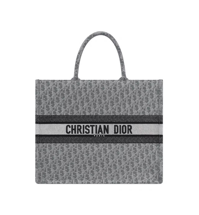 Large Dior Book Tote Gray Dior Oblique Denim Embroidery