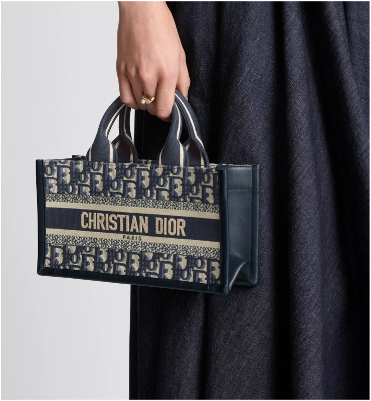 East-West Dior Book Tote with Strap Blue Dior Oblique Embroidery and Calfskin