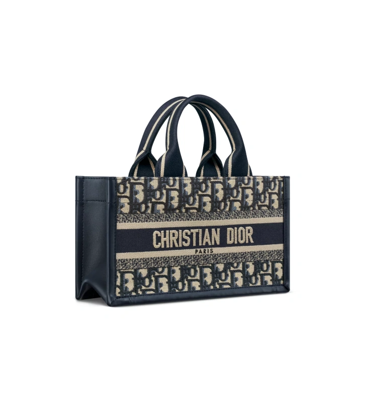 East-West Dior Book Tote with Strap Blue Dior Oblique Embroidery and Calfskin