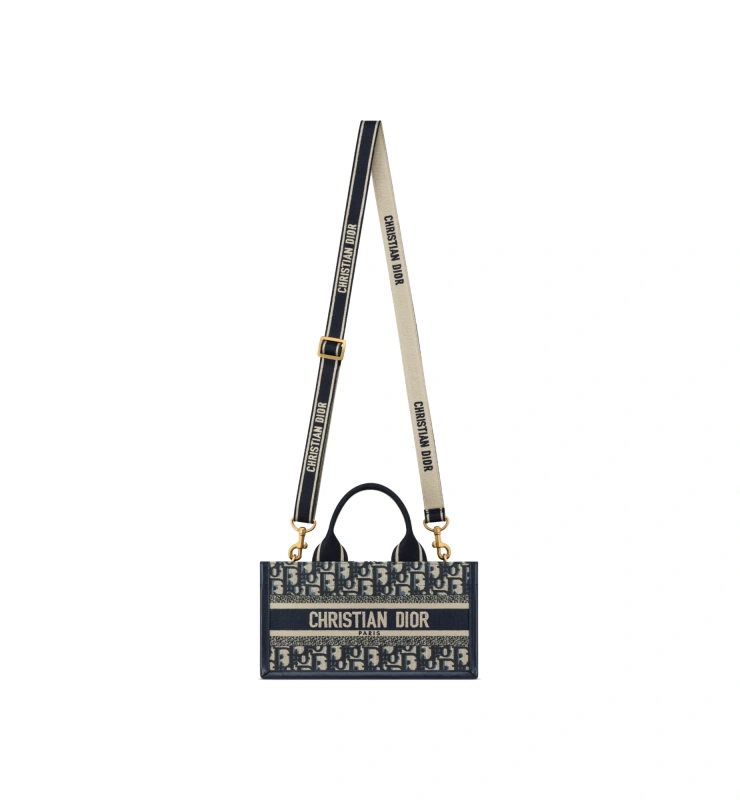 East-West Dior Book Tote with Strap Blue Dior Oblique Embroidery and Calfskin