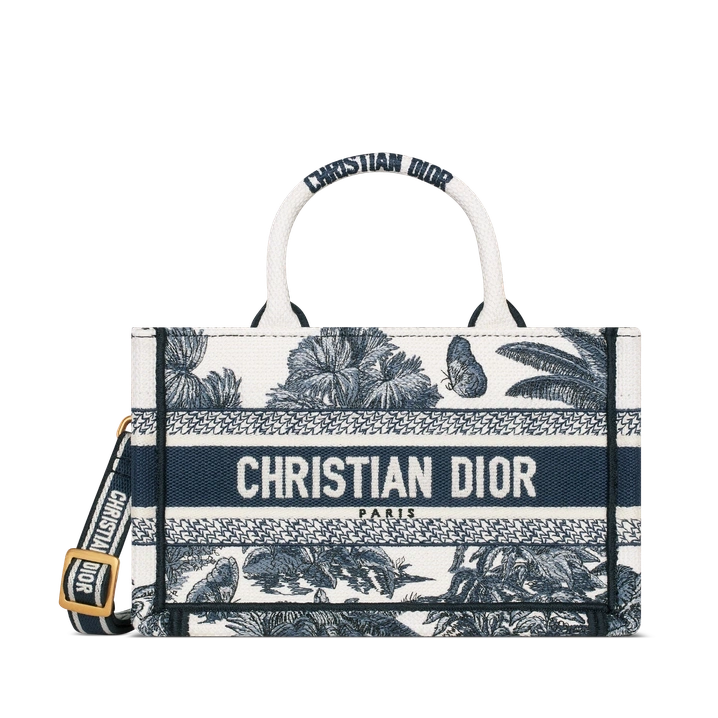 Mini Dior Book Tote White and Blue Toile de Jouy Palms Embroidery