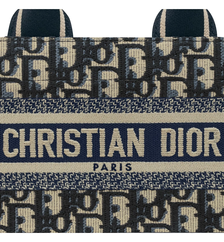 East-West Dior Book Tote with Strap Blue Dior Oblique Embroidery and Calfskin