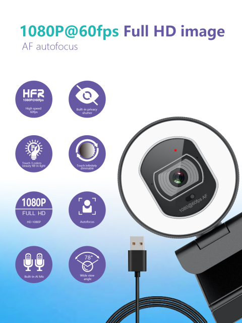 Full HD 60FPS ring light live streaming privacy shutter webcam 866Pro