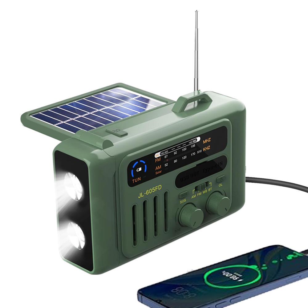 Solar-powered hand-cranked power generator radio emergency flashlight
