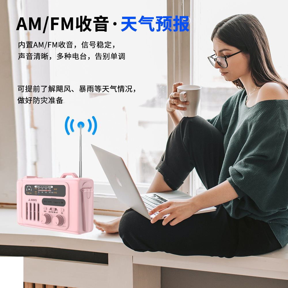 Solar-powered hand-cranked power generator radio emergency flashlight