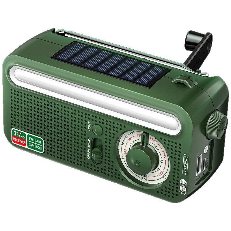 Solar-powered hand-cranked power generator radio emergency flashlight