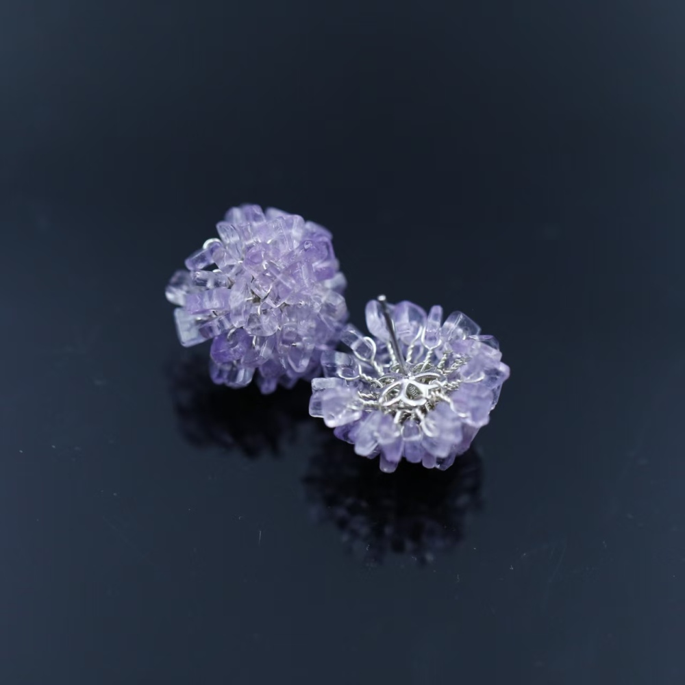 Violet hand-woven flower amethyst stud earrings, handmade earrings