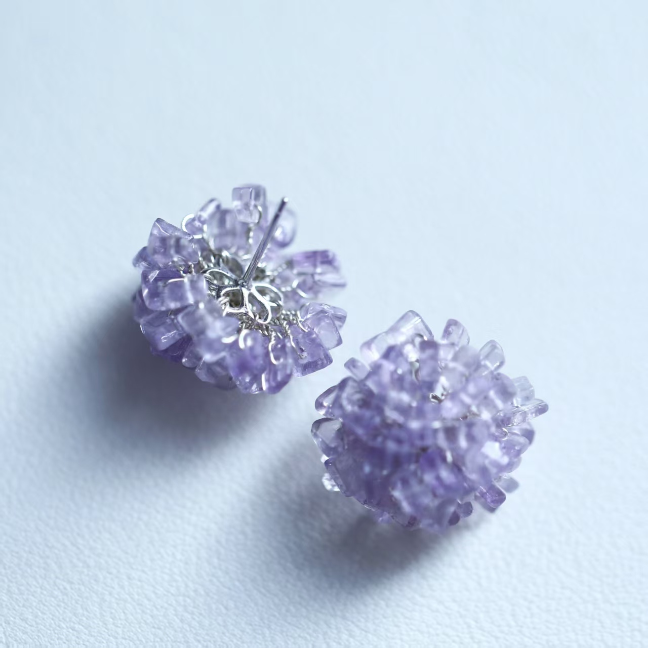 Violet hand-woven handmade flower amethyst stud earrings, handmade earrings gemstone