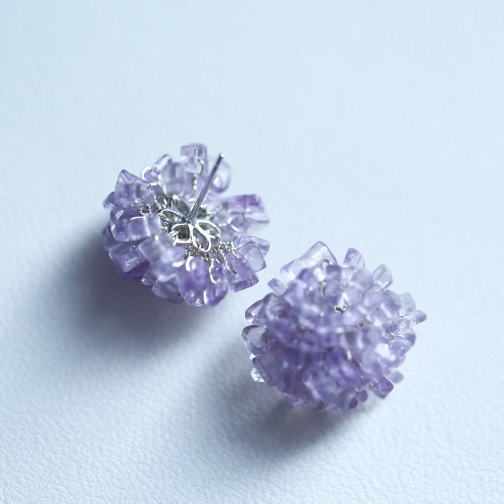 Violet hand-woven flower amethyst stud earrings, handmade earrings