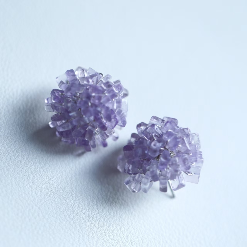 Violet hand-woven flower amethyst stud earrings, handmade earrings