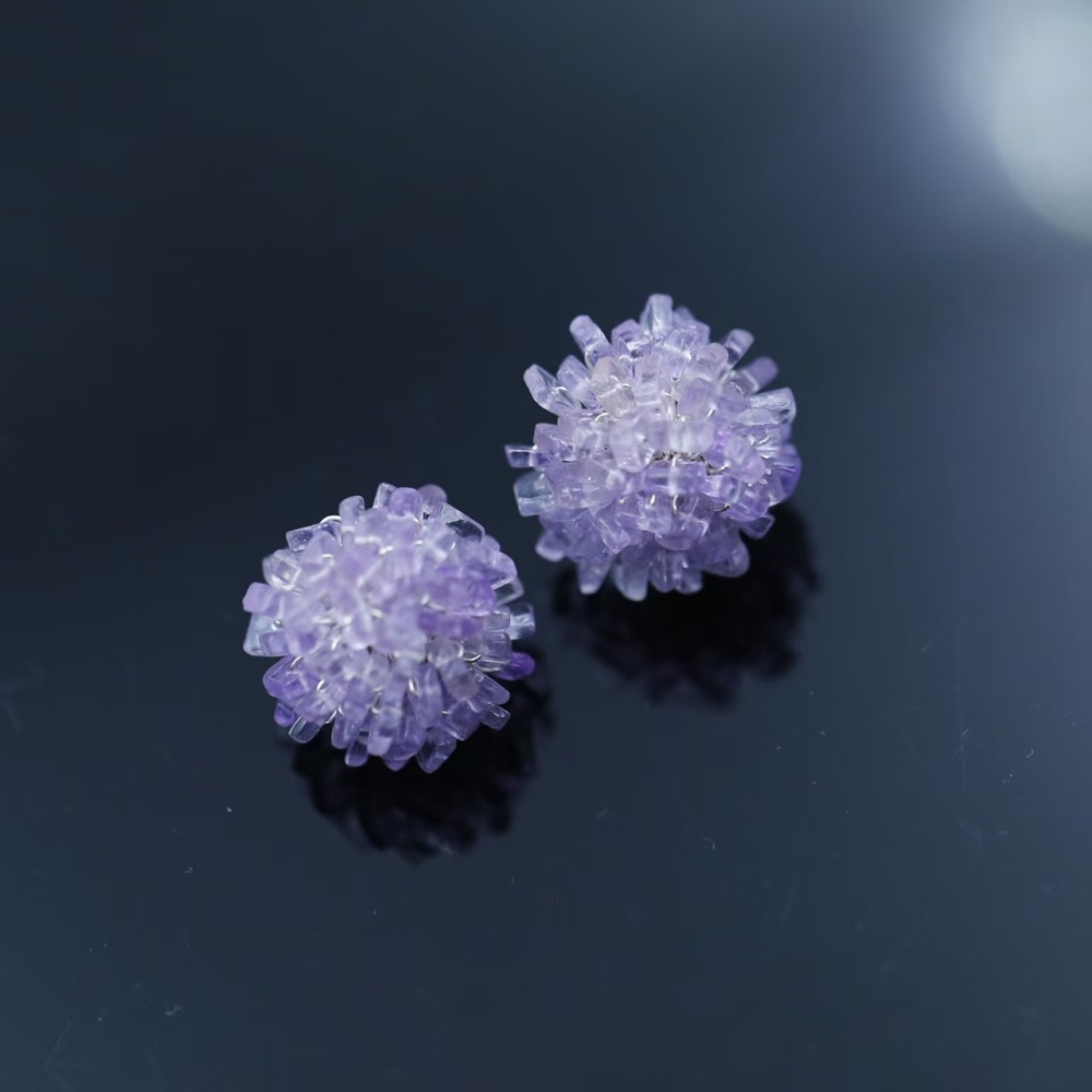 Violet hand-woven flower amethyst stud earrings, handmade earrings
