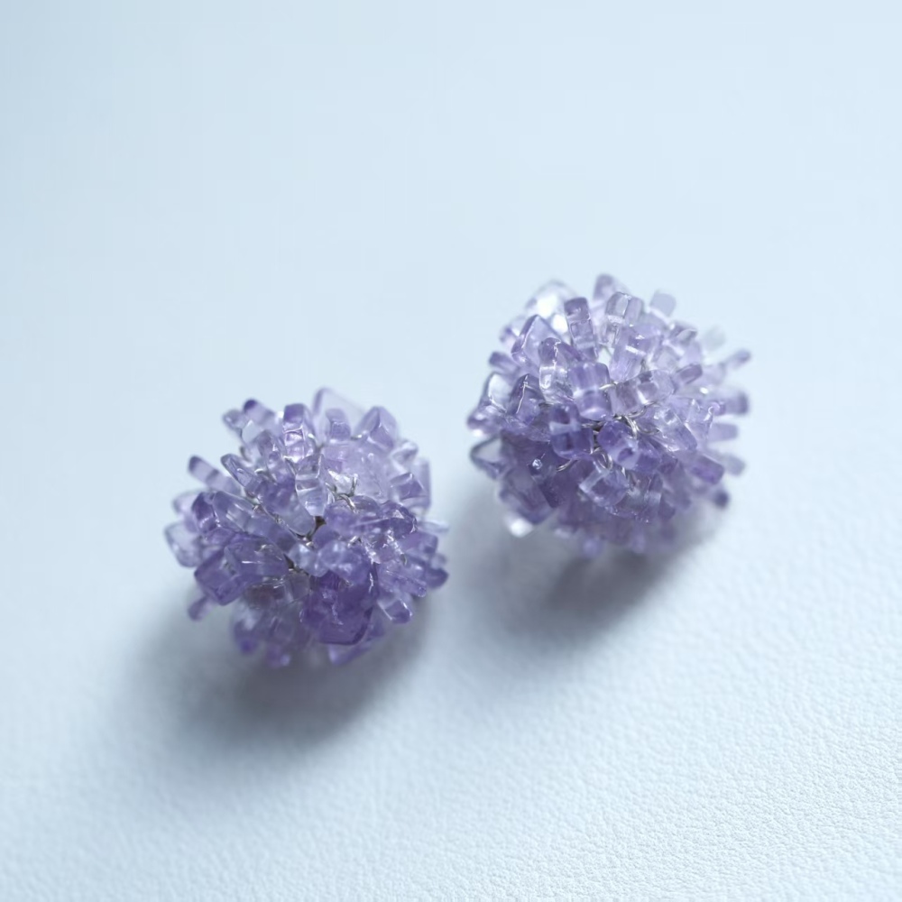 Violet hand-woven flower amethyst stud earrings, handmade earrings