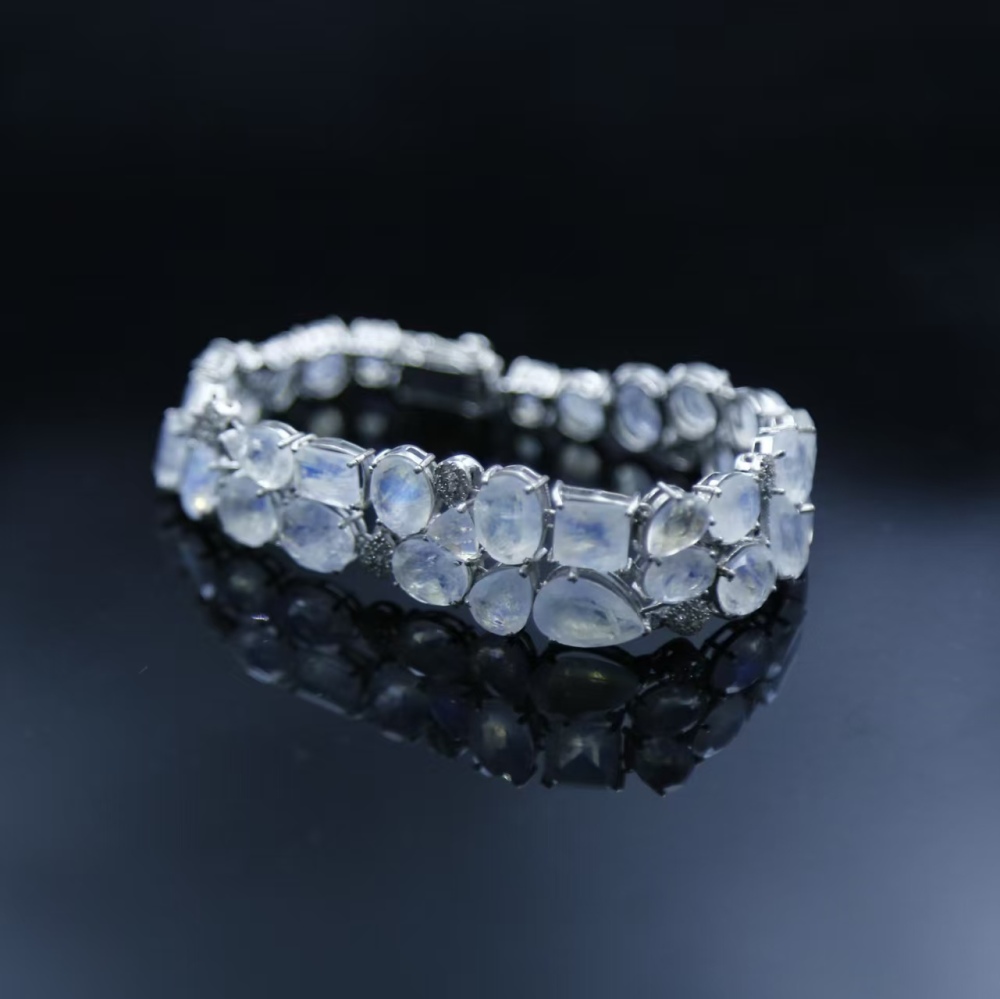 Natural falkland island blue rainbow light moonstone bracelet, Italian silver inlaid geometric style bracelet