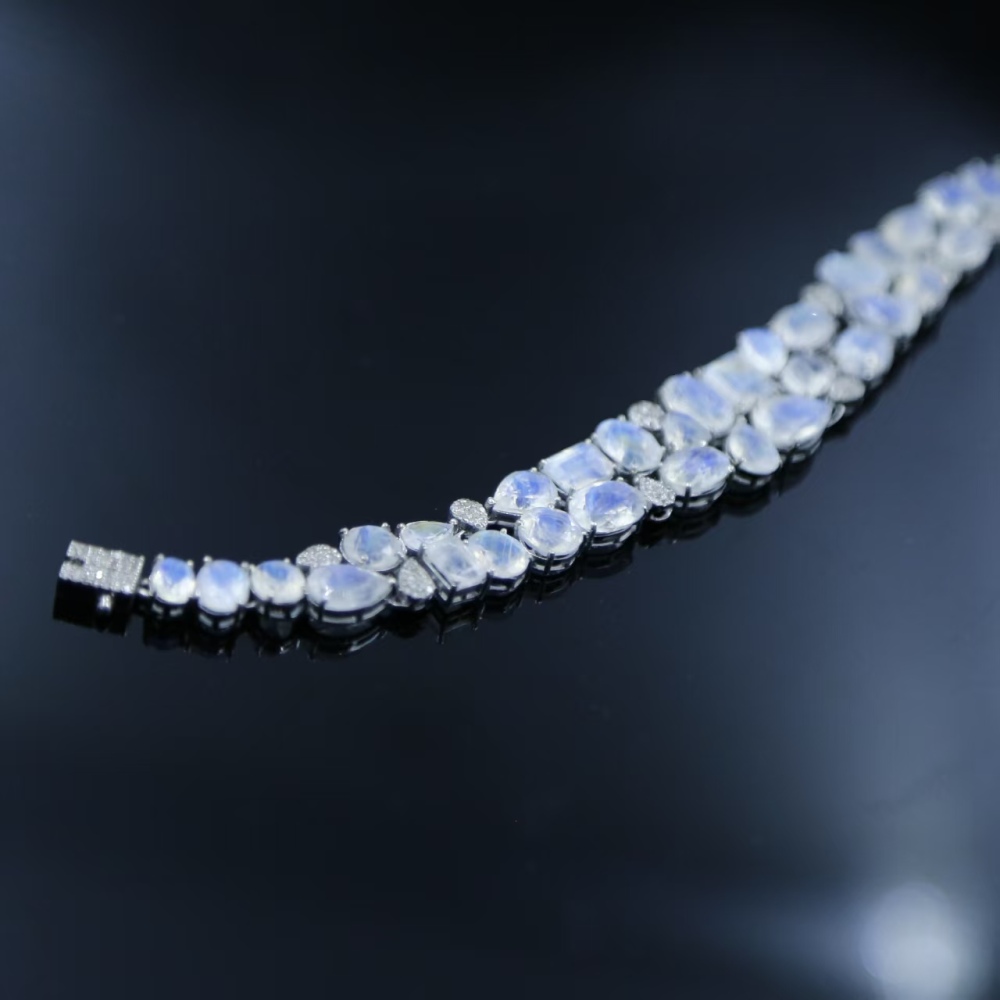 Natural falkland island blue rainbow light moonstone bracelet, Italian silver inlaid geometric style bracelet