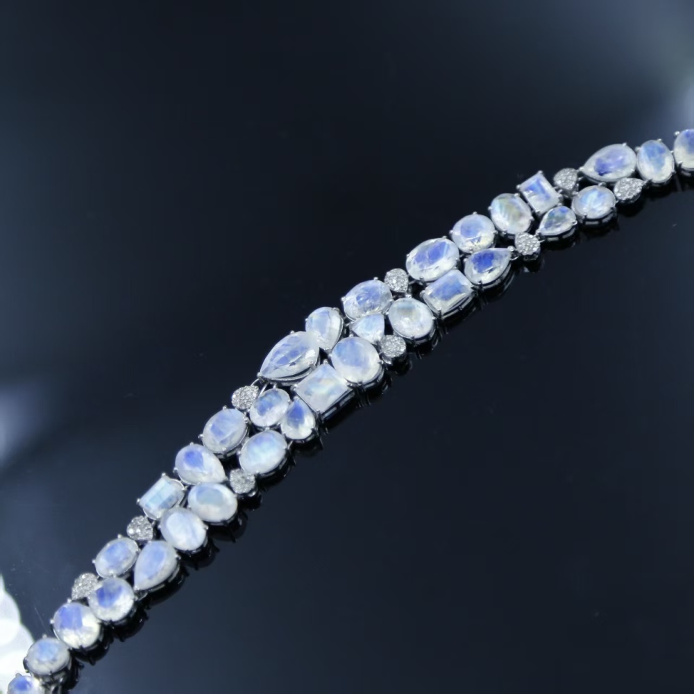 Natural falkland island blue rainbow light moonstone bracelet, Italian silver inlaid geometric style bracelet