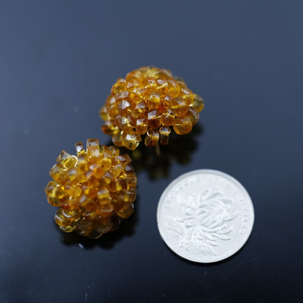 Natural whisky yellow hand-woven flower style citrine crystal earrings, fashionable and versatile women's earrings