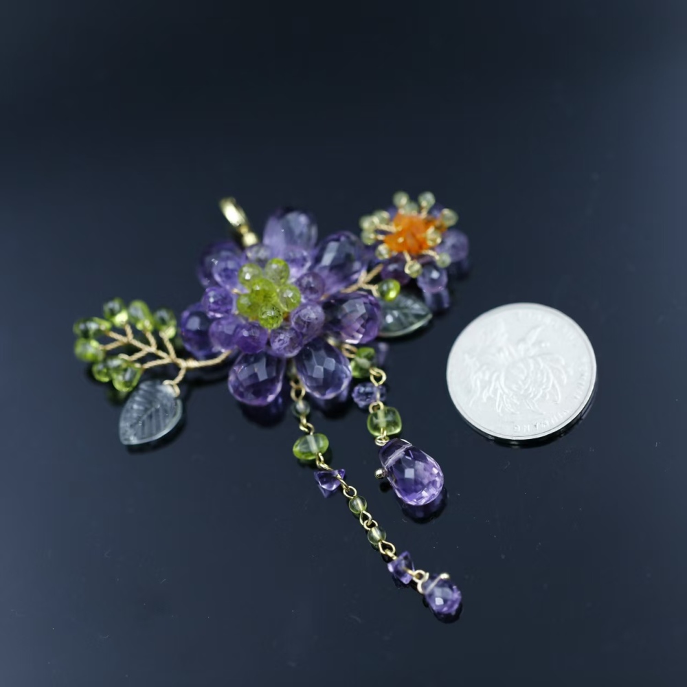 Hand-woven amethyst paired with peridot fire opal flower pendant