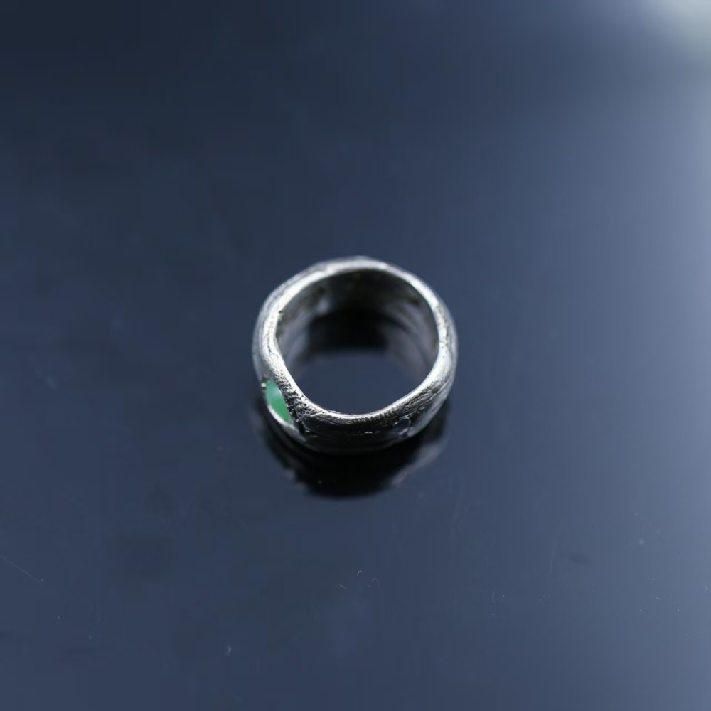 Handcrafted 99.9% pure silver jade ring with egg white from Myanmar's ice glutinous rice variety