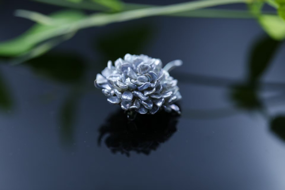 Hand-woven Flower-shaped South Sea Blue Keshi Pearl Brooch