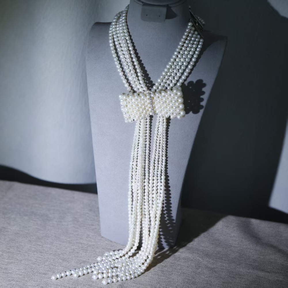 Freshwater white cuclear-free luxury hand-woven bowknot pearl choker necklace paired with 925 silver accessories
