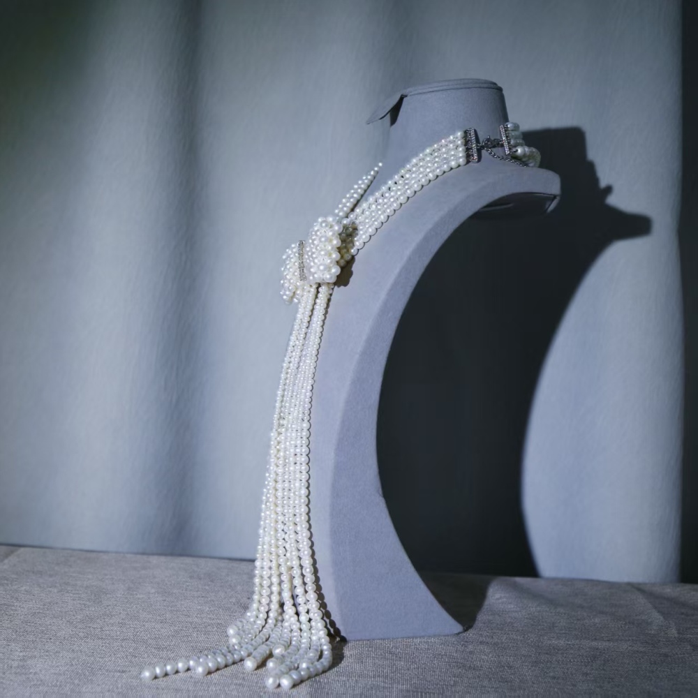 Freshwater white cuclear-free luxury hand-woven bowknot pearl choker necklace paired with 925 silver accessories