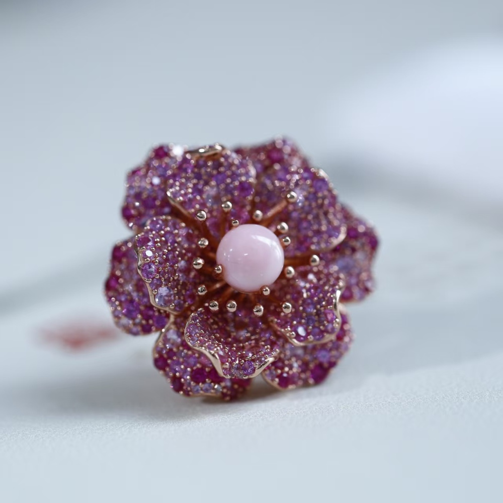 8mm pink queen conch pearl Hong Kong-style heavy industry rose flower inlaid loose-fitting ring