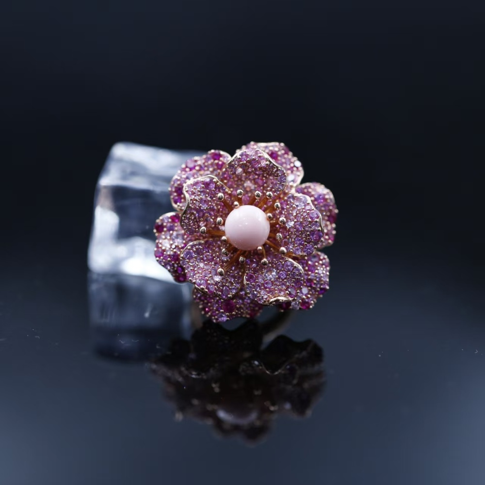 8mm pink queen conch pearl Hong Kong-style heavy industry rose flower inlaid loose-fitting ring