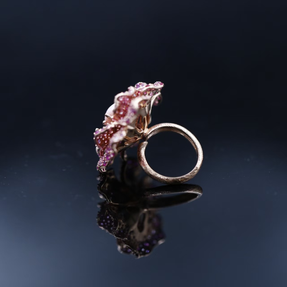 8mm pink queen conch pearl Hong Kong-style heavy industry rose flower inlaid loose-fitting ring